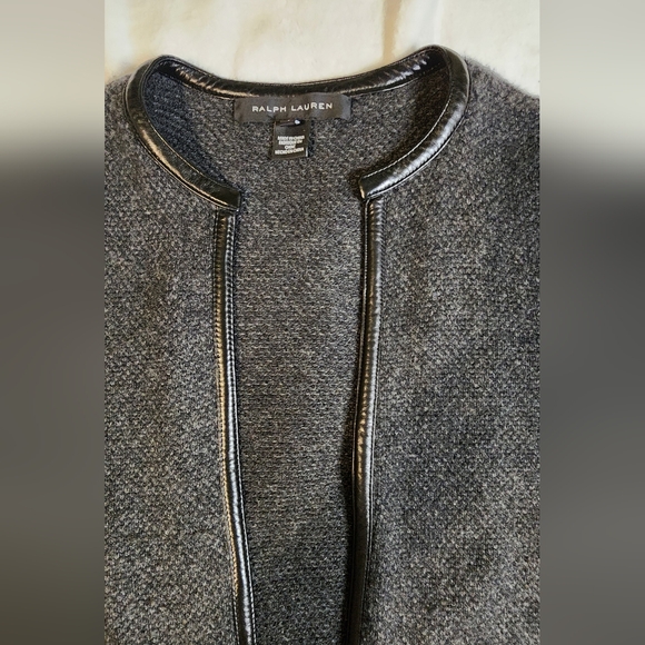 Ralph Lauren Black Label 100% Cashmere Grey Cardigan, Black Leather Trim, EUC - Picture 2 of 8